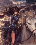  armor black_hair blue_eyes castle fingerless_gloves gloves guardians_violation horse long_hair official_art riding solo_focus sword tatsuya_(atelier_road) weapon 