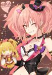  blonde_hair character_doll choker earrings fangs grin haikimono_shounen hair_ribbon hand_on_hip hand_puppet hat heart heart_earrings heart_necklace idolmaster idolmaster_cinderella_girls idolmaster_cinderella_girls_starlight_stage jewelry jougasaki_mika jougasaki_rika looking_at_viewer mini_hat mini_top_hat nail_polish navel one_eye_closed open_mouth paw_print pink_hair puppet ribbon smile solo star top_hat twintails yellow_eyes 
