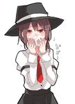  armband black_skirt blush brown_hair collared_shirt coughing covering_mouth hat long_sleeves necktie outline red_eyes red_neckwear shiroshi_(denpa_eshidan) shirt skirt solo touhou upper_body usami_renko white_shirt 