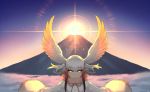  1girl 2019 backlighting bangs bird_wings blunt_bangs cloud diffraction_spikes frilled_sleeves frills happa_(cloverppd) head_wings japanese_crested_ibis_(kemono_friends) kemono_friends long_sleeves looking_at_viewer mountain multicolored_hair outdoors outstretched_arms sky solo two-tone_hair white_hair wings yellow_eyes 