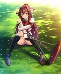  black_legwear blush breasts brown_hair cherry_blossoms clothes_writing crotch_seam dappled_sunlight detached_sleeves flower full_body gradient_hair grass hair_flower hair_intakes hair_ornament headgear holding holding_umbrella huge_breasts kantai_collection kneehighs long_hair looking_at_viewer motion_blur multicolored_hair on_ground oriental_umbrella outdoors panties pantyshot pantyshot_(sitting) pink_flower pink_lips ponytail red_footwear shade shadow shiragi shoes single_kneehigh single_thighhigh sitting smile solo sunlight tassel thighhighs umbrella underwear very_long_hair white_panties yamato_(kantai_collection) yellow_eyes 