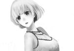  commentary greyscale jewelry looking_back monochrome necklace open_mouth original sakimori_(hououbds) short_hair simple_background sleeveless solo upper_body white_background 