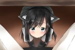  1girl admiral_(kantai_collection) all_fours animal_ears asashio_(kantai_collection) bangs black_hair blue_eyes blush cat_ears commentary_request eyebrows eyebrows_visible_through_hair highres kantai_collection kemonomimi_mode long_hair looking_at_viewer out_of_frame pants pentagon_(railgun_ky1206) pleated_skirt pov school_uniform shirt short_sleeves sitting skirt solo_focus suspenders swept_bangs under_table white_pants white_shirt 