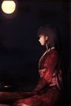  alternate_costume black_hair dark dyolf full_moon houraisan_kaguya japanese_clothes kimono long_hair long_sleeves moon night night_sky obi profile red_eyes red_kimono ribbon sash serious sitting sky solo touhou wide_sleeves yukata 