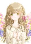  1girl absurdres arms_up bangs blouse blush braid brown_eyes collarbone commentary_request eyebrows_visible_through_hair floral_background flower french_braid hair_ribbon hands_on_own_chest hands_together head_tilt highres hoshiibara_mato light_brown_hair long_hair long_sleeves looking_at_viewer original parted_lips pink_ribbon ribbon solo spring_(season) upper_body wavy_hair white_background white_blouse 
