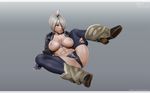  3d abs angel_(kof) bare_chest blue_eyes blush boots breasts cameltoe chaps cleavage fingerless_gloves gloves hair_over_one_eye highres jacket large_breasts leslyzerosix midriff muscle muscular_female navel nipples panties short_hair silver_hair solo tan tanline the_king_of_fighters thighhighs underwear white_hair 