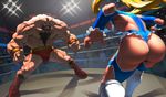  1girl ass battle beard blonde_hair blue_leotard boots breasts brown_hair duel facial_hair from_behind highres large_breasts leotard long_hair loped muscle rainbow_mika running street_fighter twintails wrestling_outfit wrestling_ring zangief 