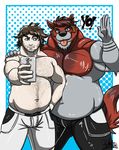  anthro belly blue_eyes canine cellphone clothed clothing duo facial_hair fur hair hi_res human lg_sunset looking_at_viewer luxordtimet male mammal musclegut muscular muscular_male nipples overweight phone selfie simple_background slightly_chubby smile swimsuit tattoo timet underwear wolf wolfthings 