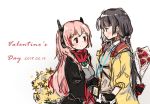  2girls black_hair blush bouquet chinese_commentary commentary_request eyeball fingerless_gloves flower girls_frontline gloves jacket lanyard m4_sopmod_ii_(girls_frontline) mod3_(girls_frontline) multiple_girls pink_hair plug_(feng-yushu) red_eyes ro635_(girls_frontline) rose valentine yuri 