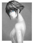  blue_eyes breasts choker elbow_gloves gloves greyscale highres lace lace_choker looking_at_viewer monochrome original sakimori_(hououbds) short_hair sideboob small_breasts solo spot_color 