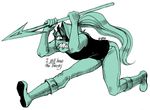  boots clothing eye_patch eyewear female fish footwear g0966 hunting marine melee_weapon monster polearm ponytail redraw running shirt simple_background spear tank_top undertale undyne video_games weapon 