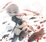  arm_belt bandaged_arm bandages bangs bare_shoulders battle belt black_belt black_gloves black_legwear black_panties blood bloody_weapon blurry blush breasts buckle cleavage cleavage_cutout depth_of_field eyebrows eyebrows_visible_through_hair eyelashes fate/apocrypha fate_(series) fingerless_gloves gloves groin halterneck highres hikari_niji holding holding_knife jack_the_ripper_(fate/apocrypha) knife looking_at_viewer motion_blur mouth_hold no_pants outstretched_arms panties purple_footwear scar scar_across_eye shards shoes short_hair silver_hair sleeveless small_breasts solo standing standing_on_one_leg stitches stomach tattoo thighhighs triple_wielding underwear unsheathed weapon white_hair yellow_eyes 