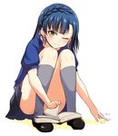  blue_hair blush book convenient_leg highres idolmaster idolmaster_million_live! looking_at_viewer nanao_yuriko nanotsuki one_eye_closed short_hair solo yellow_eyes 