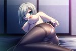  ass bangs black_legwear blue_eyes blurry blush breasts crotch_seam depth_of_field from_below futon hair_ornament hair_over_one_eye hairclip hamakaze_(kantai_collection) kantai_collection large_breasts lifted_by_self looking_at_viewer lying miniskirt nipples on_floor on_side panties panties_under_pantyhose pantyhose pleated_skirt shiragi short_hair silver_hair skirt skirt_lift sliding_doors solo swept_bangs thighband_pantyhose topless underwear upskirt white_panties 