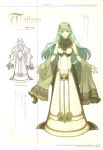  1girl bare_shoulders breastplate character_name dress fire_emblem fire_emblem_echoes:_mou_hitori_no_eiyuuou fire_emblem_gaiden full_body gloves green_eyes green_hair hair_ornament hidari_(left_side) highres long_hair looking_at_viewer nintendo non-web_source official_art scan sketch smile teeta_(fire_emblem) 