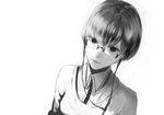  commentary dutch_angle glasses greyscale looking_at_viewer monochrome original sakimori_(hououbds) short_hair simple_background solo upper_body white_background 
