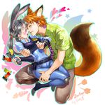  1girl absurdres animal_ears armor artist_name bangs belt_pouch blue_pants blue_shirt blush bunny_ears carrot_hair_ornament chushengdao collared_shirt copyright_name disney dress_shirt eye_contact face-to-face food_themed_hair_ornament fox_ears fox_tail full_body green_eyes green_shirt grey_hair grey_pants hair_ornament hand_on_another's_arm hand_on_another's_thigh hetero highres holding hug humanization imminent_kiss jewelry judy_hopps long_hair long_sleeves looking_at_another necktie nick_wilde open_mouth orange_hair pants paper parted_lips pocket police police_uniform policewoman pouch print_shirt profile purple_eyes ring shirt shoes short_sleeves silhouette sitting smile striped striped_neckwear tail twintails uniform zootopia 