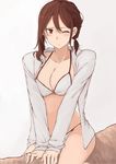  bikini blush breasts brown_eyes brown_hair cleavage collarbone eyebrows hair_between_eyes highres large_breasts long_sleeves one_eye_closed open_clothes open_shirt original ponytail rucchiifu shirt simple_background sitting solo swimsuit white_bikini 