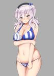  adapted_costume alternate_costume bare_shoulders bikini blue_eyes blush breast_hold breasts cleavage collarbone hair_between_eyes highres kantai_collection kashima_(kantai_collection) kurokku large_breasts lawson looking_at_viewer navel side-tie_bikini silver_hair simple_background solo stomach striped striped_bikini swimsuit twintails wavy_mouth 