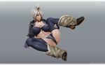  3d abs angel_(kof) blue_eyes boots breasts cameltoe chaps cleavage fingerless_gloves gloves hair_over_one_eye highres jacket large_breasts leslyzerosix midriff muscle muscular_female navel panties short_hair silver_hair solo the_king_of_fighters thighhighs underwear white_hair 