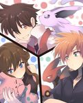  2boys absurdres bare_shoulders black_dress black_hair blue_(pokemon) blue_eyes brown_eyes brown_hair claws closed_eyes collar dress dyson_(edaokunnsaikouya) espeon eyebrows eyebrows_visible_through_hair fangs gen_2_pokemon green_eyes highres light_brown_hair long_hair looking_at_viewer looking_back looking_to_the_side multiple_boys no_hat no_headwear ookido_green orange_eyes pokemon pokemon_(creature) pokemon_(game) pokemon_frlg pokemon_special polka_dot polka_dot_background purple_eyes red_(pokemon) scizor short_hair short_sleeves smile snubbull teeth 