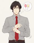  adjusting_clothes bad_id bad_pixiv_id belt black_hair boku_dake_ga_inai_machi brown_belt candy dress_shirt food grey_background lollipop looking_to_the_side male_focus necktie red_eyes red_neckwear sasakura34 shirt simple_background solo spoken_food standing thinking thought_bubble yashiro_gaku 