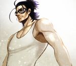  black_hair brown_eyes facial_hair goggles male_focus nihongou_(touken_ranbu) nuzuki_(mamewo) pectorals smile solo stubble tank_top touken_ranbu 