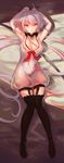  absurdres armpits arms_up bed bed_sheet breasts cat choker cleavage collar elbow_gloves embarrassed full_body garter_straps gloves highres large_breasts legs long_hair looking_at_viewer lying on_back ribbon saimon_ma senki_zesshou_symphogear silver_eyes silver_hair solo source_request sunlight thighhighs traditional_media very_long_hair watercolor_(medium) yukine_chris zettai_ryouiki 