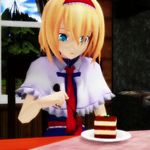  1girl 3d alice_margatroid animated animated_gif blonde_hair blue_eyes cake capelet fork hair_ornament hairband indoors looking_at_viewer open_mouth smile solo touhou 