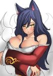  absurdres ahri animal_ears areola_slip areolae blue_eyes breast_lift breasts detached_sleeves fox_ears fox_tail hair_between_eyes highres k_jin large_breasts league_of_legends lips long_hair looking_at_viewer multiple_tails off_shoulder sketch slit_pupils solo tail upper_body wide_sleeves yellow_eyes 
