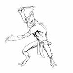  2_toes 5_fingers clothing dragonewt glorantha greyscale loincloth looking_at_viewer male monochrome official_art sean_thornton short_tail simple_background solo toes white_background 