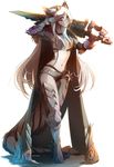  armor dragon female hihikori horn melee_weapon red_eyes smile solo stripes sword weapon 