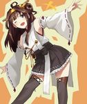  blue_eyes brown_hair hairband highres kantai_collection kongou_(kantai_collection) long_hair nontraditional_miko one_eye_closed skirt smile solo somechime_(sometime1209) 