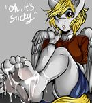  :o anthro artsenravenbrave clothing cum cum_on_feet derpy_hooves_(mlp) equine feet female foot_focus friendship_is_magic horse looking_at_viewer mammal my_little_pony pants pegasus pony shirt solo surprise text wings 