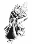  bracelet claws clothed clothing coat dragonewt fire frill fully_clothed glorantha greyscale horn jewelry long_coat looking_at_viewer magic male monochrome official_art sean_thornton simple_background solo white_background 
