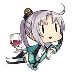  90mm_single_high-angle_gun_mount akitsushima_(kantai_collection) alcohol chibi cup drinking_glass fairy_(kantai_collection) kantai_collection lowres meth_(emethmeth) miniskirt school_uniform side_ponytail silver_hair skirt solo transparent_background triangle_mouth wine wine_glass |_| 