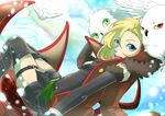  artemis_(junketsu_no_maria) artemis_(junketsu_no_maria)_(bird) belt bird black_footwear blonde_hair blue_eyes boots cloud day ezekiel_(junketsu_no_maria) ezekiel_(junketsu_no_maria)_(bird) flying foreshortening highres junketsu_no_maria looking_at_viewer maria_(junketsu_no_maria) owl pigeon priapus_(junketsu_no_maria) priapus_(junketsu_no_maria)_(bird) short_hair sky tanoshi 