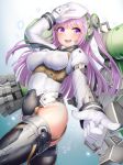  &gt;:d 1girl beret black_legwear blush breasts commentary_request covered_navel doyouwantto frame_arms_girl garter_straps gloves greifen hair_ornament hand_on_own_head hat highres large_breasts long_hair long_sleeves looking_at_viewer mecha_musume purple_eyes purple_hair signature solo thighhighs white_gloves 