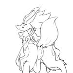  2016 anthro anus backsash butt canine clothing delphox digital_media_(artwork) dress female fox fur hair inner_ear_fluff looking_at_viewer looking_back mammal monochrome nintendo pok&eacute;mon presenting presenting_hindquarters pussy rear_view simple_background sketch solo spreading video_games white_background 