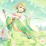  :d absurdres bare_shoulders blush breasts bug butterfly cleavage collarbone detached_sleeves dress dutch_angle flower gem glowing green_eyes green_hair green_ribbon hair_between_eyes head_wreath highres holding holding_wand insect medium_breasts neck_ribbon open_mouth original ribbon short_hair smile solo sparkle wand wasabi_(sekai) wide_sleeves 