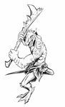  dragonewt glorantha greyscale holding_object holding_weapon horn male melee_weapon monochrome official_art open_mouth scales scalie sean_thornton simple_background solo spikes tongue weapon white_background 