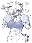  boxing_gloves breasts bruise collarbone fang furry injury large_breasts long_hair looking_at_viewer monochrome navel open_mouth original oyatsu_(mk2) solo squiggle tears translation_request white_background 