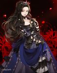  black_hair blood breasts choker dress drill_hair fan fang flower gloves inzup large_breasts long_hair original parted_lips red_eyes slime solo spider_lily tiara vampire 