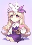  ainy77 animal animal_on_head bad_id bad_pixiv_id bangs belt blonde_hair boots bunny closed_mouth dress food fruit full_body gradient gradient_background holding long_hair long_sleeves mouth_hold multicolored multicolored_eyes no_hat no_headwear on_head peach purple_background purple_dress seiza shadow sitting smile solo touhou watatsuki_no_toyohime 
