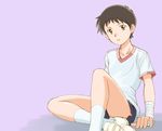  bandages brown_eyes brown_hair ebi-rom ikari_shinji male_focus negative_space neon_genesis_evangelion sitting solo 