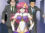  1girl 2boys animated animated_gif bouncing_breasts breasts gloves gundam gundam_seed gundam_seed_destiny hair_ornament large_breasts long_hair meer_campbell multiple_boys pink_hair running skirt solo_focus star star_hair_ornament subtitled talking 