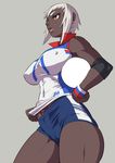  breasts bulge commentary_request covered_nipples dark_skin earrings elbow_pads futanari huge_breasts jewelry mikoyan muscle muscular_female penis penis_under_clothes solo sportswear sweatband volleyball volleyball_uniform white_hair 