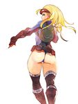  alternate_costume alternate_hairstyle ass backpack bag belt belt_pouch black_legwear blonde_hair blue_eyes cammy_white elbow_gloves fingerless_gloves from_behind gloves goggles goggles_on_head highres knee_pads laio leotard long_hair long_sleeves looking_back pouch solo street_fighter street_fighter_v thighhighs thighs thong_leotard 