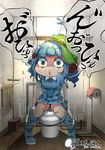  absurdres bathroom black_panties blue_eyes blue_footwear blue_hair blue_shirt blue_skirt boots bottle breast_pocket breasts cabbie_hat commentary electric_socket eyebrows eyebrows_visible_through_hair flanvia hands_on_lap hat highres indoors kawashiro_nitori key_necklace knee_boots light looking_at_viewer medium_breasts motion_lines open_mouth panties panty_pull pocket rubber_boots shirt short_hair shoujo_kitou-chuu skirt solo spray_bottle sweat sweating_profusely tearing_up thighs toilet toilet_paper toilet_use touhou towel translation_request trash_can two_side_up underwear wavy_eyes 