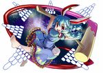  absurdres ambiguous_red_liquid animal_ears barefoot blue_dress blue_hair bunny_ears bunny_tail crescent danmaku dress ear_clip frilled_dress frills full_body highres holding holding_weapon kine looking_at_viewer mallet multi-tied_hair open_mouth red_eyes seiran_(touhou) short_sleeves smile socha solo space star star_(sky) tail touhou twintails weapon 